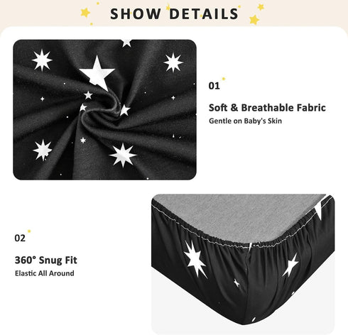 CZXW 52" 28" Night Stars Black Crib Sheets Fitted x Natural Cotton Soft & Breathable for Baby Crib Mattress