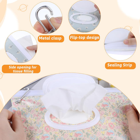 JIYIN 2 Pack Baby Wipe Container with Hook, Portable Refillable Wipe Holder Floral Pattern Reusable Travel Baby Wipes