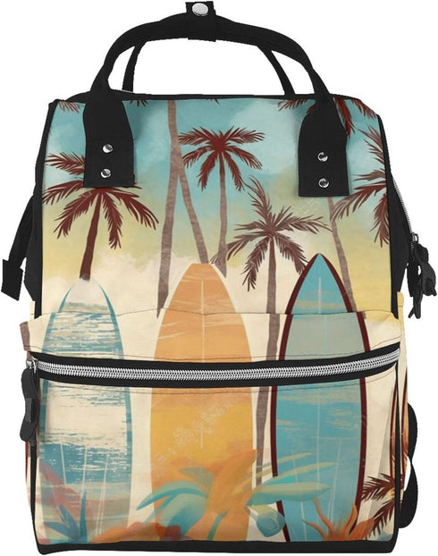 DWVTSLH Surfboard Palm Tree Diaper Bag Backpack Multifunction Nappy Bags Waterproof Mummy Backpack