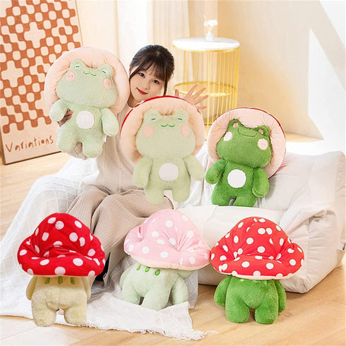 XSHYE 10" Frog Plush Cute Frog Mushroom Hat Stuffed Animals Kawaii Plush Toys Throw Pillow Home Room Decor Aesthetic