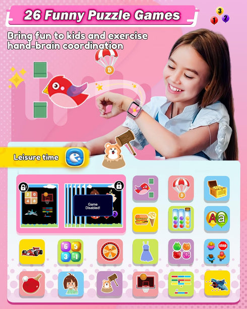 Kids Smart Watches for Girls Age 6-8 - HD Touchscreen, Dual Cameras, 26 Games, Birthday Gifts for Ages 5-9
