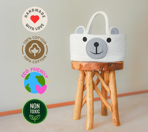 Home & Tots Baby Diaper Caddy Organizer, Large Cotton Rope Nursery Storage Basket (White, Bear Design)