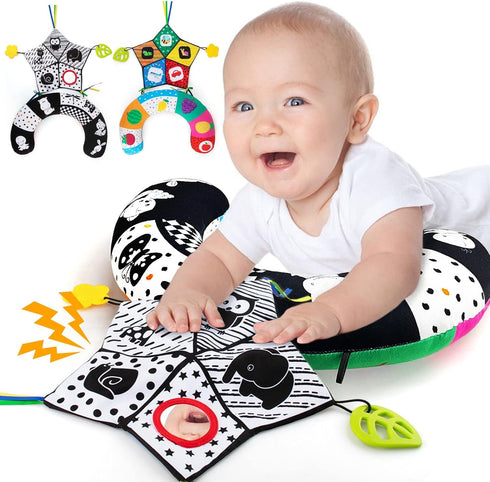 teytoy Tummy Time Pillow with Crinkle Mat & Teethers, Black and White High Contrast Baby Toys for Infant Newborn