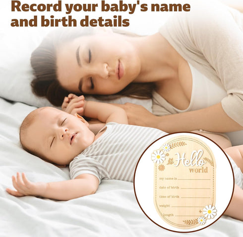 Penitue Wooden Baby Announcement Sign, Hello World Newborn Birth Signs Cute Daisy Decors Welcome New Baby Arrival Name