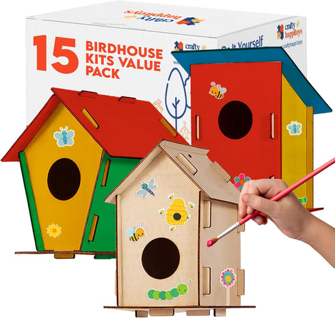 Birdhouse Kit, 15 Unfinished Wood Bird Houses for Children to Paint, Wood Craft Project Kits for Kids