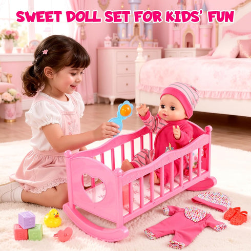 12'' Set 32 12 Playset 3 4 5 DRAMATION Interactive Baby Doll with Crib and High Chair, PCS Baby Doll Toys Make Sounds