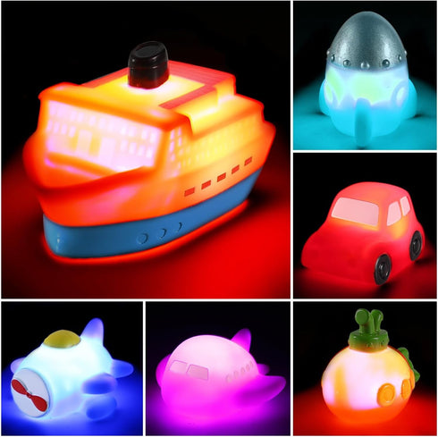 CHIMAGER 6 Packs Set, Swimming No Hole Boat Bath Toy Light up Changing Color in Water, Floating Rubber Bathtub Toys