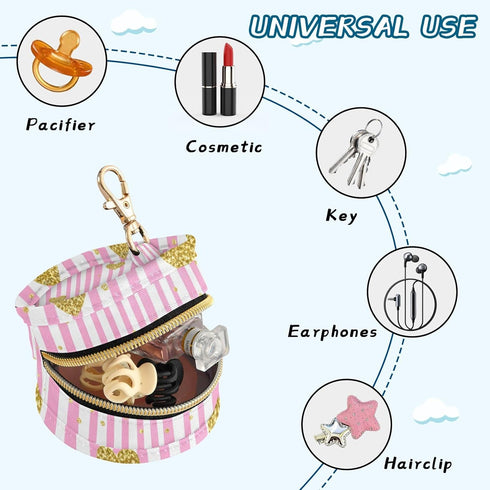 Hearts Round Pacifier Storage Case with Zipper, Portable Pacifier Case for Travel, Diaper Bag & Purse, Pacifier