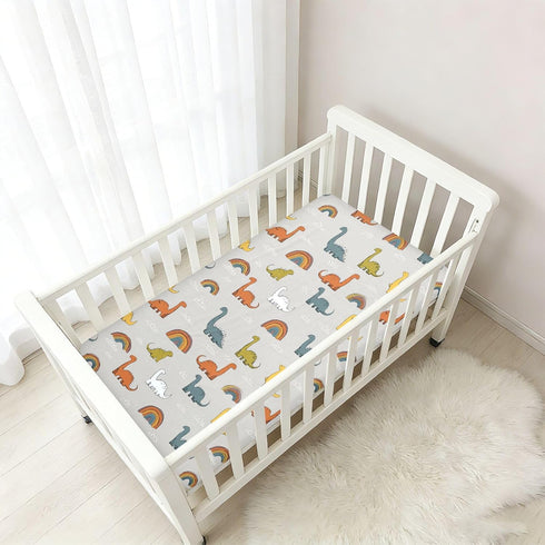 miaozhen 1 Pack 52x28 Cotton Baby Crib Sheets Ultra Soft Wildlife Brontosaurus Rainbow Gray Muslin Crib Bedding