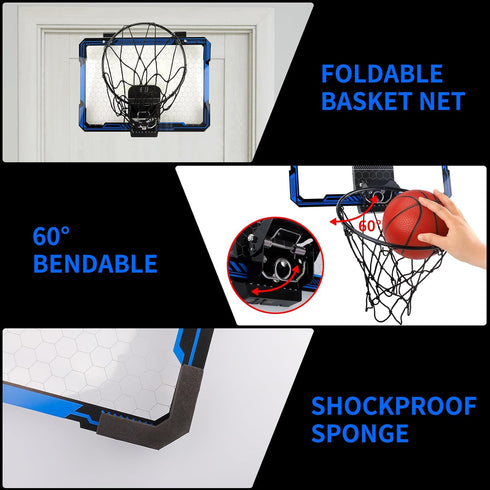 Basketball Hoop Indoor for Kids, Over The Door with LED Lighting & Audio Scoreboard, Mini Basketball Toys