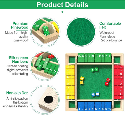 WUAGNCK 2-4 Shut The Box Game Wooden with Dice, Player Math Strategy Game for Adults Kids - Close The Box Board Number