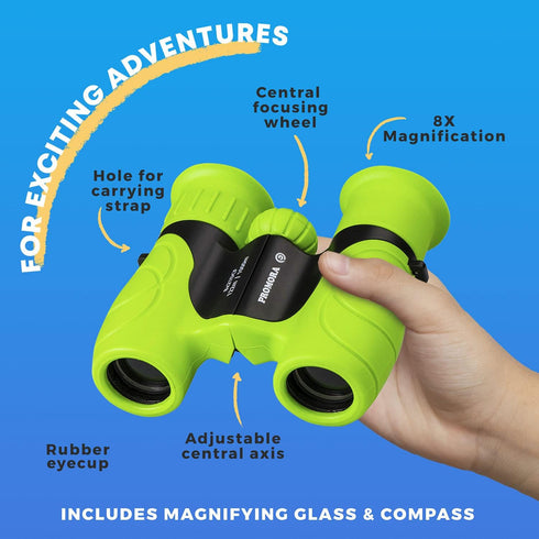 Promora Binoculars for Kids, Set with Magnifying Glass & Compass, Purple, for Ages 3-12