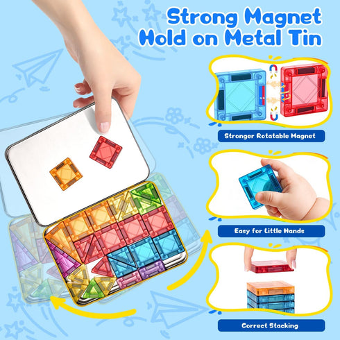 LeagoEra Set 48 3-12 Magnetic Tiles Magnetic Blocks Building Toy: Portable Mini Magnetic Tiles Travel Pieces Montessori