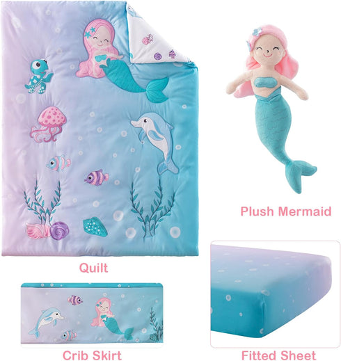 4 Set Sets Pieces Crib Bedding for Baby Boys Girls, Infant Toddler Nursery Baby Bedding Includes Cartoon Quilt, Fitted