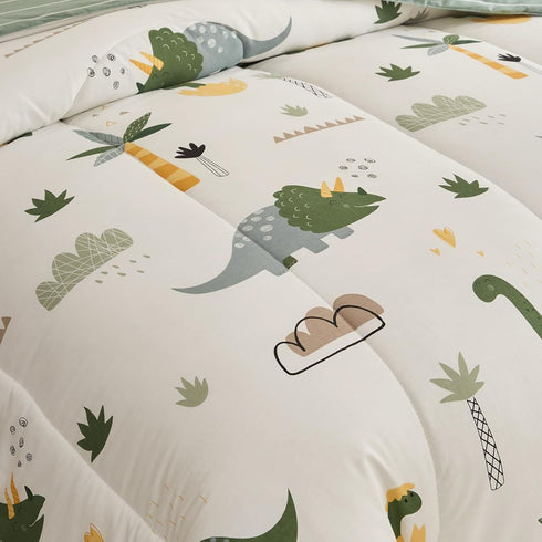 Joyreap 4 Set, Set, Piece Dinosaur Toddler Bedding Cotton Toddler Comforter Sheet Green Dinosaurs Print on White Design