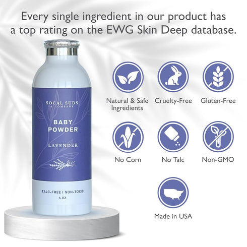 4oz, 2-Pack SoCal Suds & Company - Natural Baby Powder Talc-Free - with Arrowroot Powder, Kaolin, Aspen Bark Extract