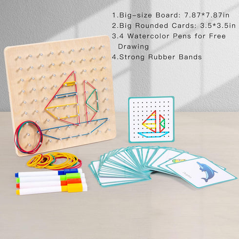 Wooden Geoboard with Rubber Bands, Educational Toy for Spatial Reasoning and Fine Motor Skills for Kids 3 Years+