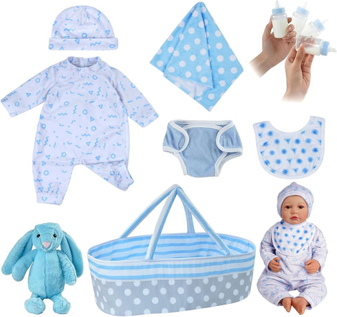 BABESIDE 8 Pcs Reborn Baby Doll Accessories with Bassinet - Outfit Accessories for 17-22 Inch Reborn Doll