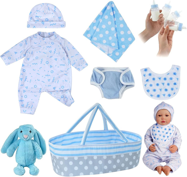 BABESIDE 8 Pcs Reborn Baby Doll Accessories with Bassinet - Outfit Accessories for 17-22 Inch Reborn Doll