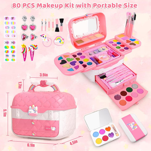 Auney 80 PCS Kids Makeup Kit for Girls 5-8 Years Old, Unicorn Toy for Birthday and Role Play Party