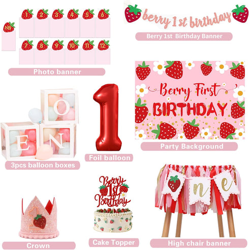 Gertaryo 1st Berry Baby Girl Birthday Decor, Strawberry First Birthday Decorations for Girls with Balloon Arch, Party