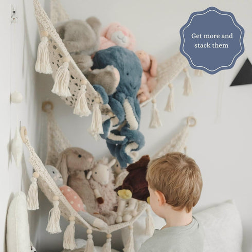 Macrame Toy Hammock for Stuffed Animals, Deep Sea Blue Hanging Organizer Net for Nursery Decor