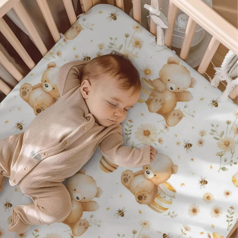 KuphiL10C Mattress-28x52 Cute Cartoon Bear Bee Honeycomb Flowers Floral Leaves Pattern Baby Sheets for Crib, Unisex