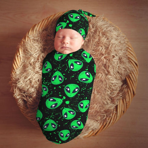 Green Alien Head Newborn Swaddle Blanket and Hat Set, Soft Baby Receiving Blanket for Infant Boy Girl Gift
