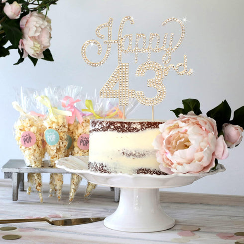LINGTEER Happy 43rd Birthday Gold Rhinestone Cake Topper - Cheers to 43 Years Old Anniversary Party Cake Centerpieces