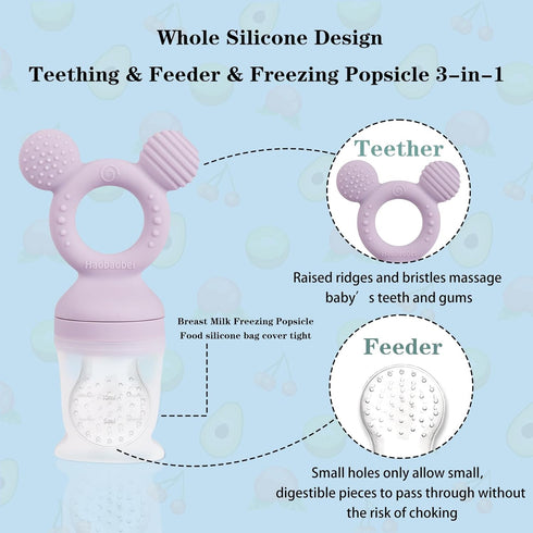 Baby Fruit Feeder, Frozen Teething Toys for Babies, Baby Teether Pacifier with 3 Extra Teats, Baby Eating Essentials, BPA Free Baby Feeding Supplies (Lavender)