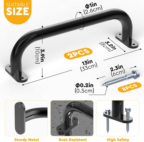 Monkey Bars for Kids Safety Indoor,Outdoor Playground Grab Handles for Backyard,Playset Handle Accessories for Playhouse,Jungle Gym,Rock Climbing Wall Holds,Treehouse Slide-Black,13 in -2 Pcs
