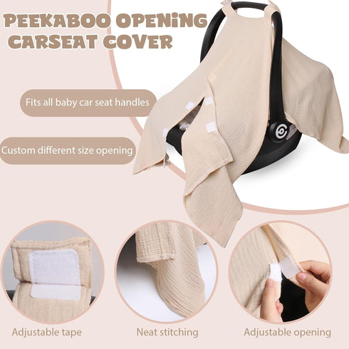 Baby Car Seat Cover - Muslin Infant Canopy with Peekaboo Opening, Unisex Large Universal Fit for Newborns