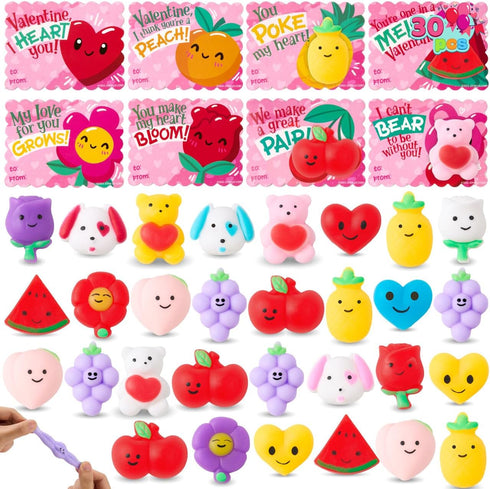 JOYIN 30 Packs Valentines Day Gift Cards with Fruit Mochi Squishy Toys,