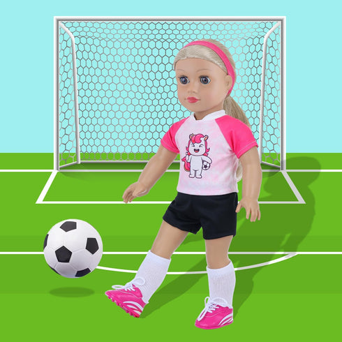 18INDC 18 Inch Set 7PCS Doll Accessories Football Sport - Includes Headband, Tops, Shorts, Shoes, Mini Soccer Ball
