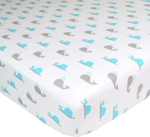 American Baby Company Fitted Crib Sheet, 28" x 52", Soft Breathable 100% Cotton Jersey Sheet, Aqua Whales for Crib and