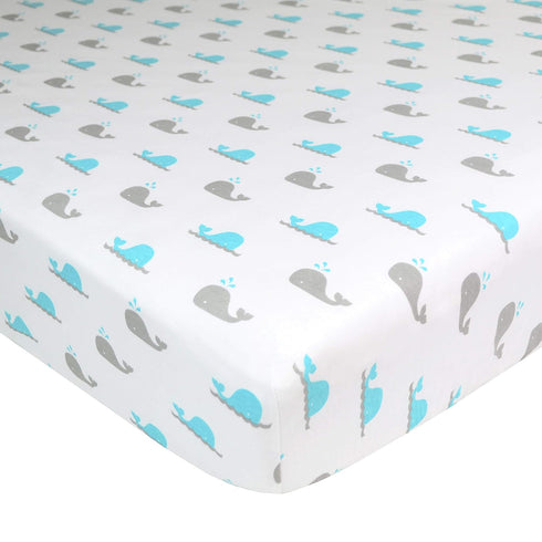 TL Care Fitted Crib Sheet 28" x 52", Soft Breathable Cotton Jersey Sheet, Aqua Whale for Crib & Toddler Bed