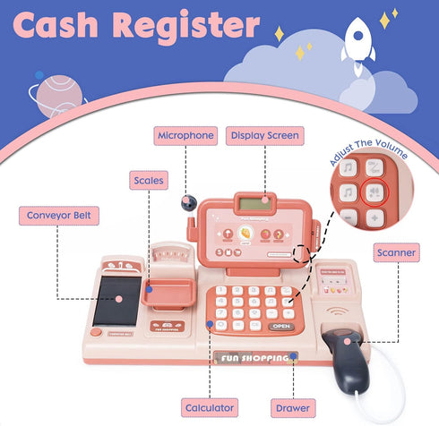 Count 3 4 5 6 7 8 Pretend Play Calculator Cash Register Toy with Sound,Microphone,Scanner,Credit Card and Conve Belt