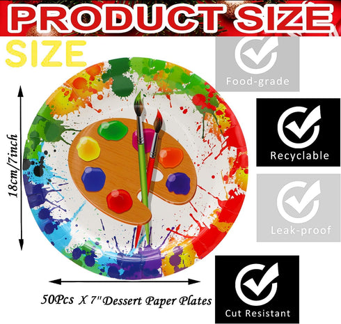 50 Pcs Art Paint Paper Plates, 7" Art Painting Dessert Plates for Painting Theme Baby Shower Birthday Party Supplies