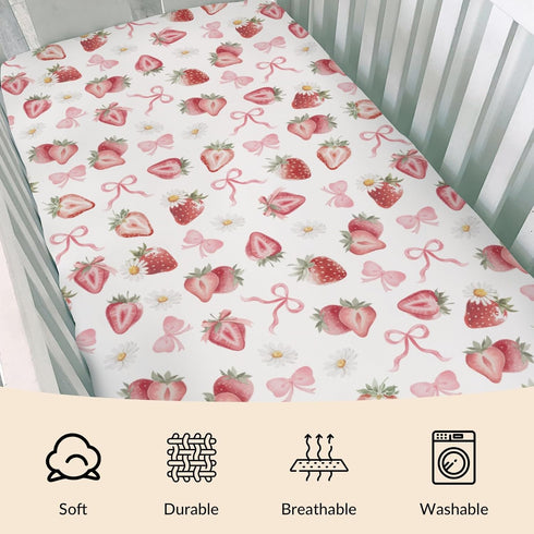 Cstdyfrv 52"x28" Strawberry Pink Bows Floral Baby Crib Sheets Sweet Watercolor Strawberry Daisy Flowers Soft Baby