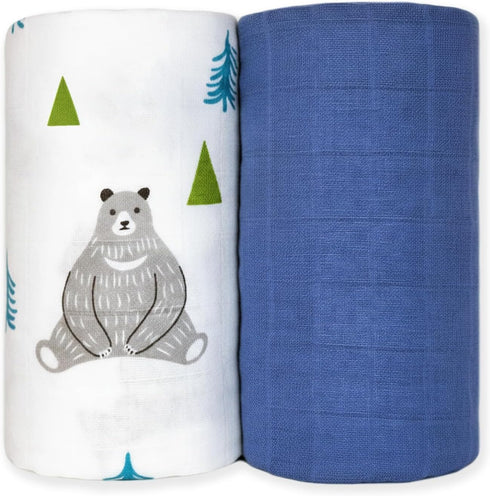 NOOVIA 2-Pack Baby Muslin Swaddle Blankets, Cotton, Extra Large 43x47 inch, Bear Forest