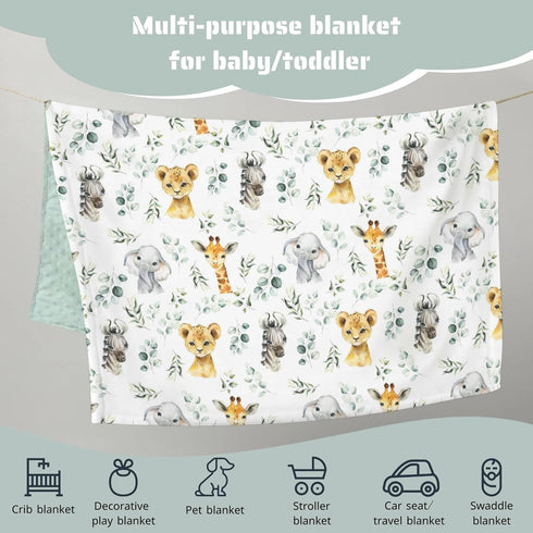 African Safari Jungle Animal Minky Baby Blanket, Dotted Backing Boy Girl, Blue Elephant Giraffe Zebra Double Layer