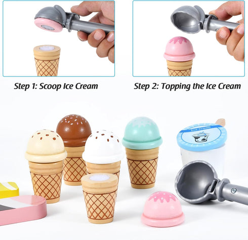 Set 3 4 5 6 WHOHOLL Wooden Ice Cream Toys Kids Play Store Pretend Toy for Toddlers, Play Kitchen Accessories