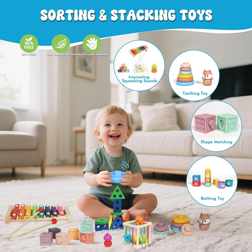 18-36 7-in-1 Set LearnToy Baby Toys Months, Montessori Activity - Stacking Blocks, Infant Teething Toy & Sensory Bin