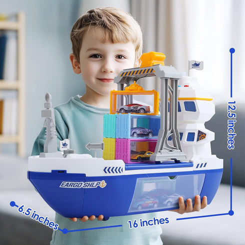 Playset CUTE STONE Cargo Ship Toy & Gantry Crane, Toy Boat and Crane with Sounds & Lights, Transport Containers, Push