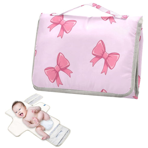 Jihqo Diaper Changing Pad Cute Bows Pink Portable Diaper Mat with Built-in Pillow Travel Changing Station for Baby