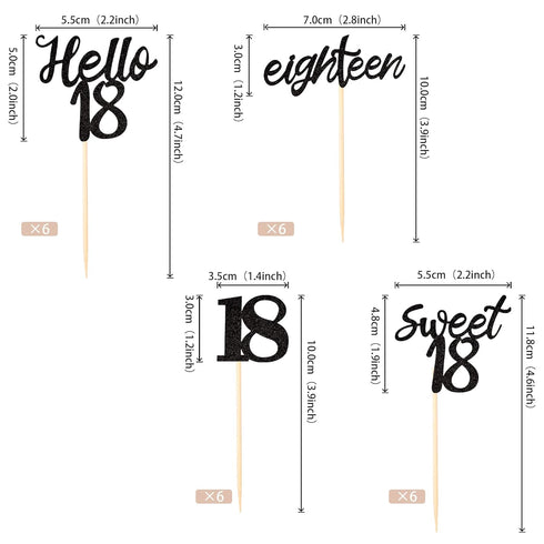 24 PCS 18th Birthday Cupcake Toppers, Sweet 18 Hello 18 Eighteen Cake Decorations Supplies (Black)