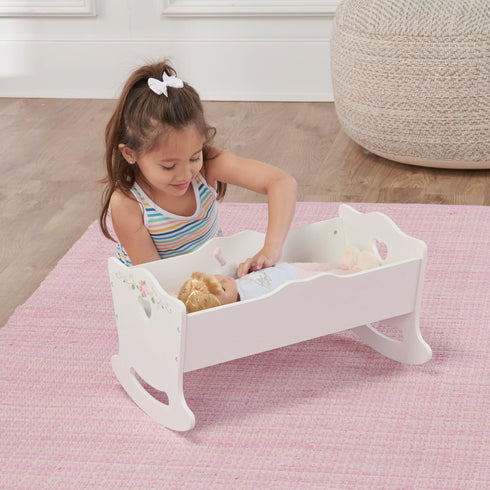 Badger Basket Toy Rocking Doll Bed with White Bedding and Personalization Kit for 20 inch Dolls - White Rose