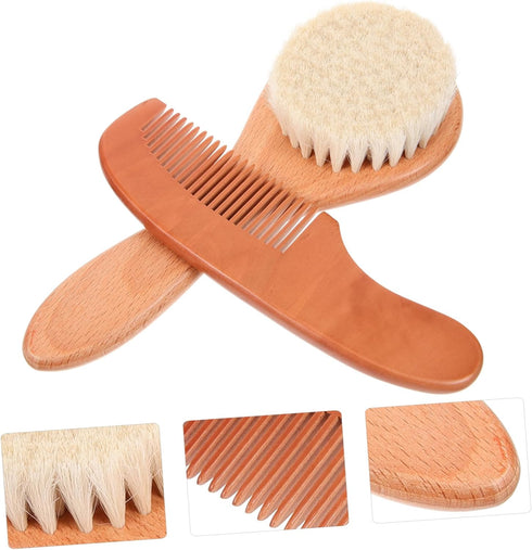 Set 2pcs Baby Hair Brush and Comb for Newborns Wool Brush and Wooden Comb Infant Bath Scrubber for Gentle Grooming
