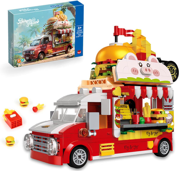 ecpoteny Piggy Burger Truck Mini Building Set, 566PCS Creative Fast Food Truck Playset