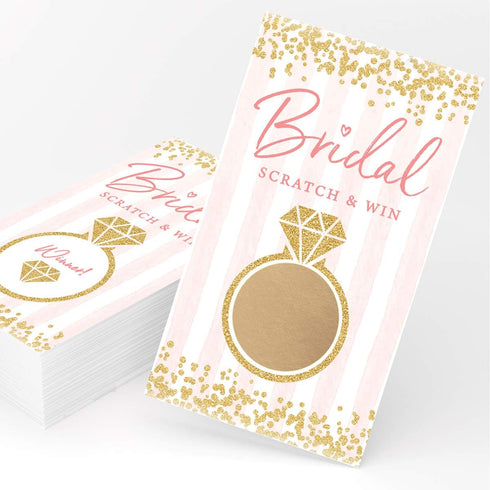 Printed Party Bridal Shower Games - 30 Scratch Off Raffle Cards & Stickers, Fun Pink and Gold Design